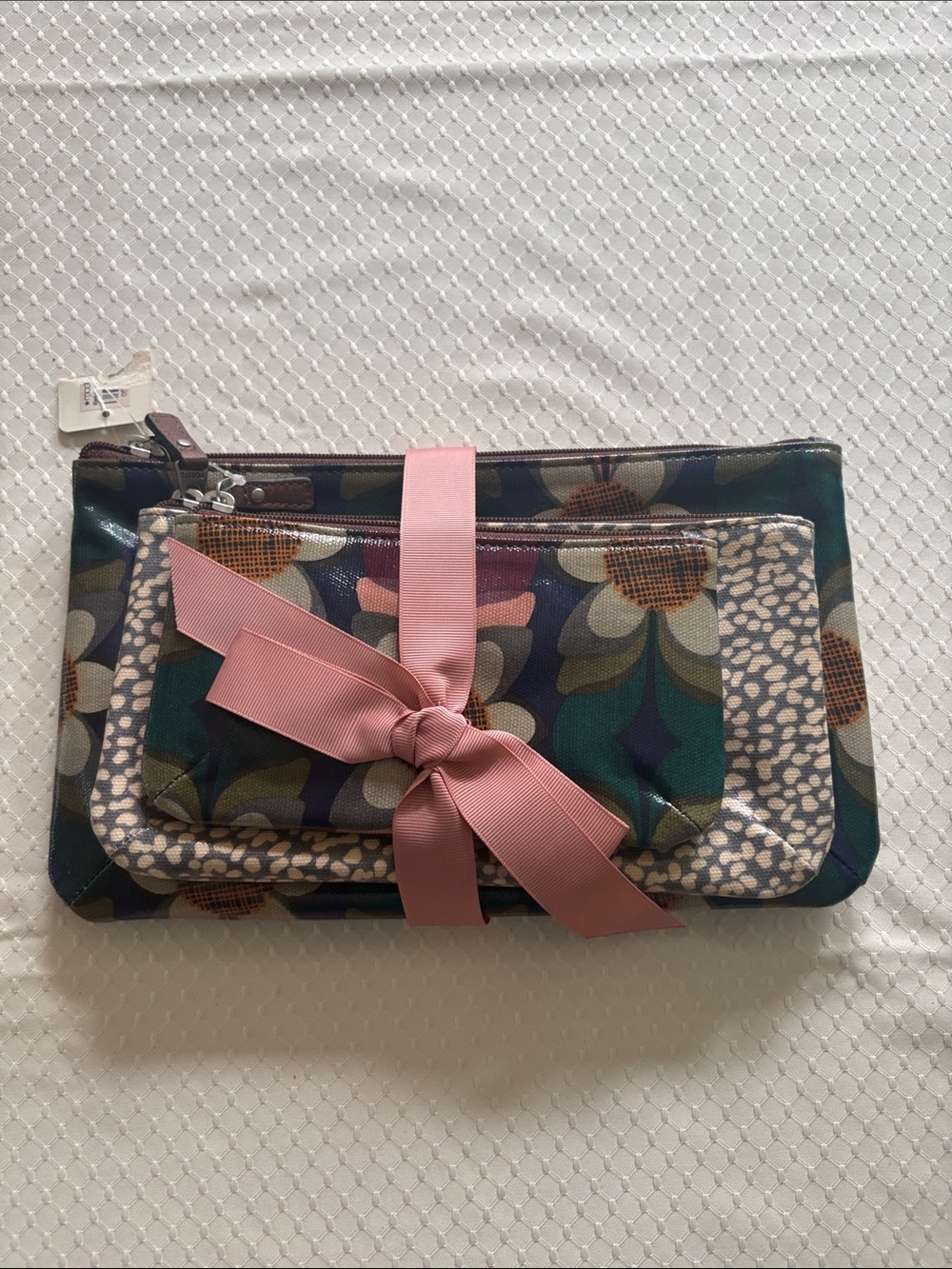 Fossil Floral Multi-Pouch Clutch with Pink Bow